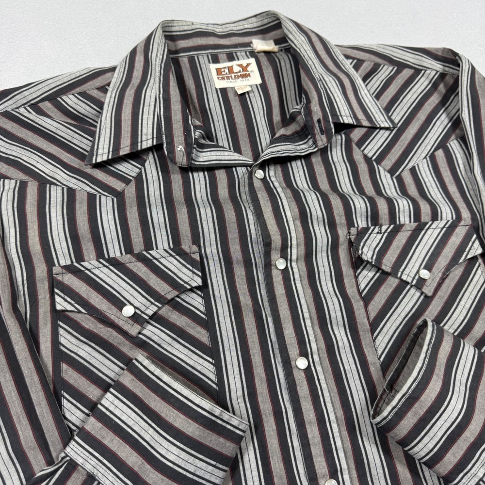 Ely Cattleman Western Shirt Mens Large Striped Pearl Snap Grey Black Excellent